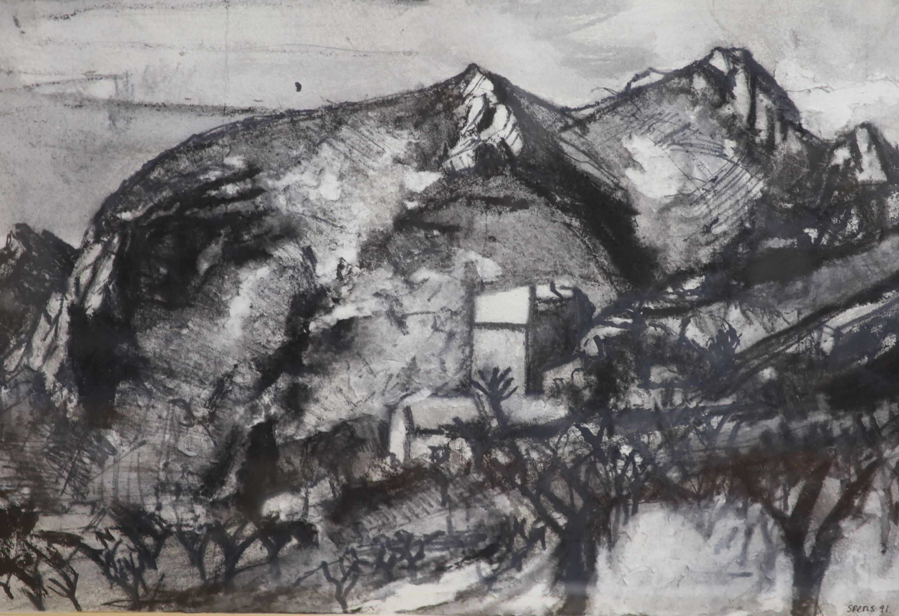 Peter Spens (1961-), drypoint and monotype, Storm, the City from the Strand, signed in pencil and dated 1999, numbered 1/1, 30 x 60cm